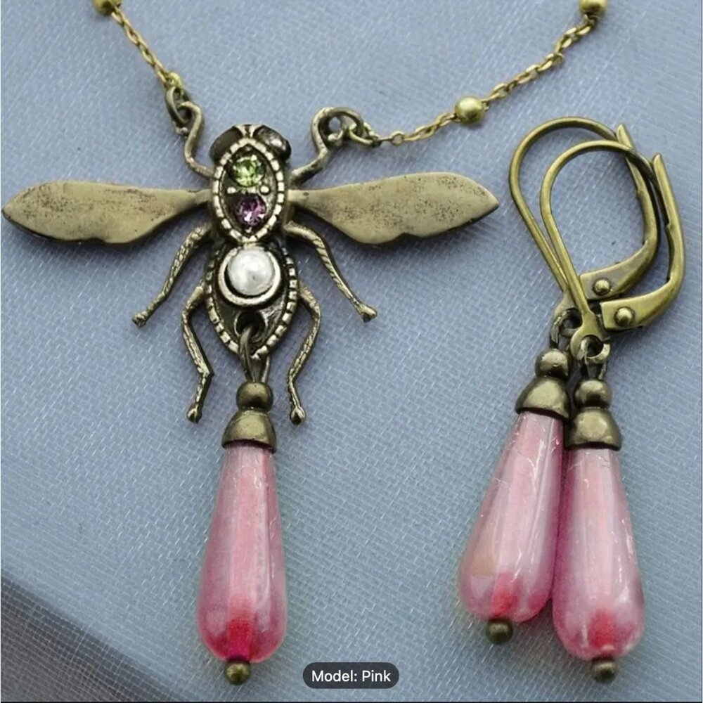 Pink Art Nouveau Style Dragonfly Necklace with Earrings Set Brass Tone